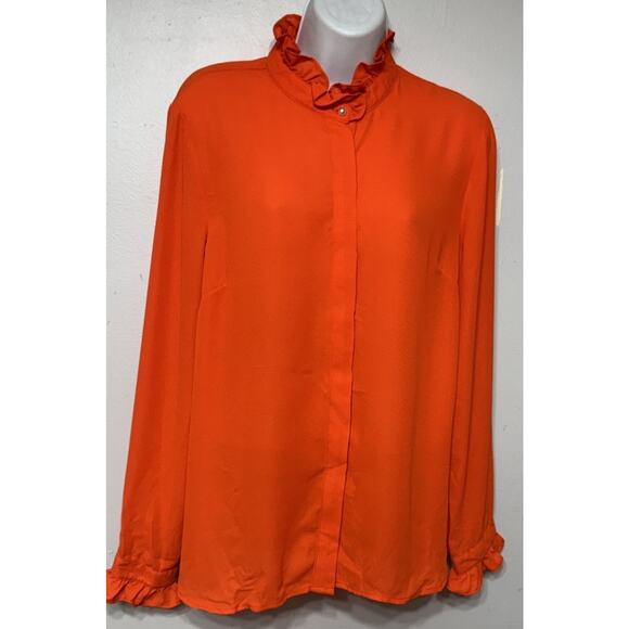 CeCe Blouse Women's Large Orange Ruffled Collar Button-Front Long-Sleeve NEW - Picture 3 of 8